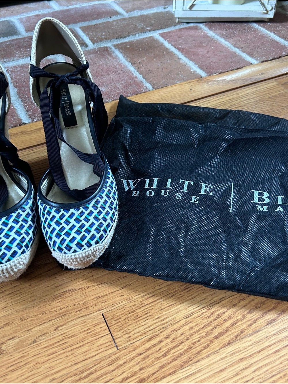 White House Black Market Navy and Blue Patterned Espadrille Wedges with Ties